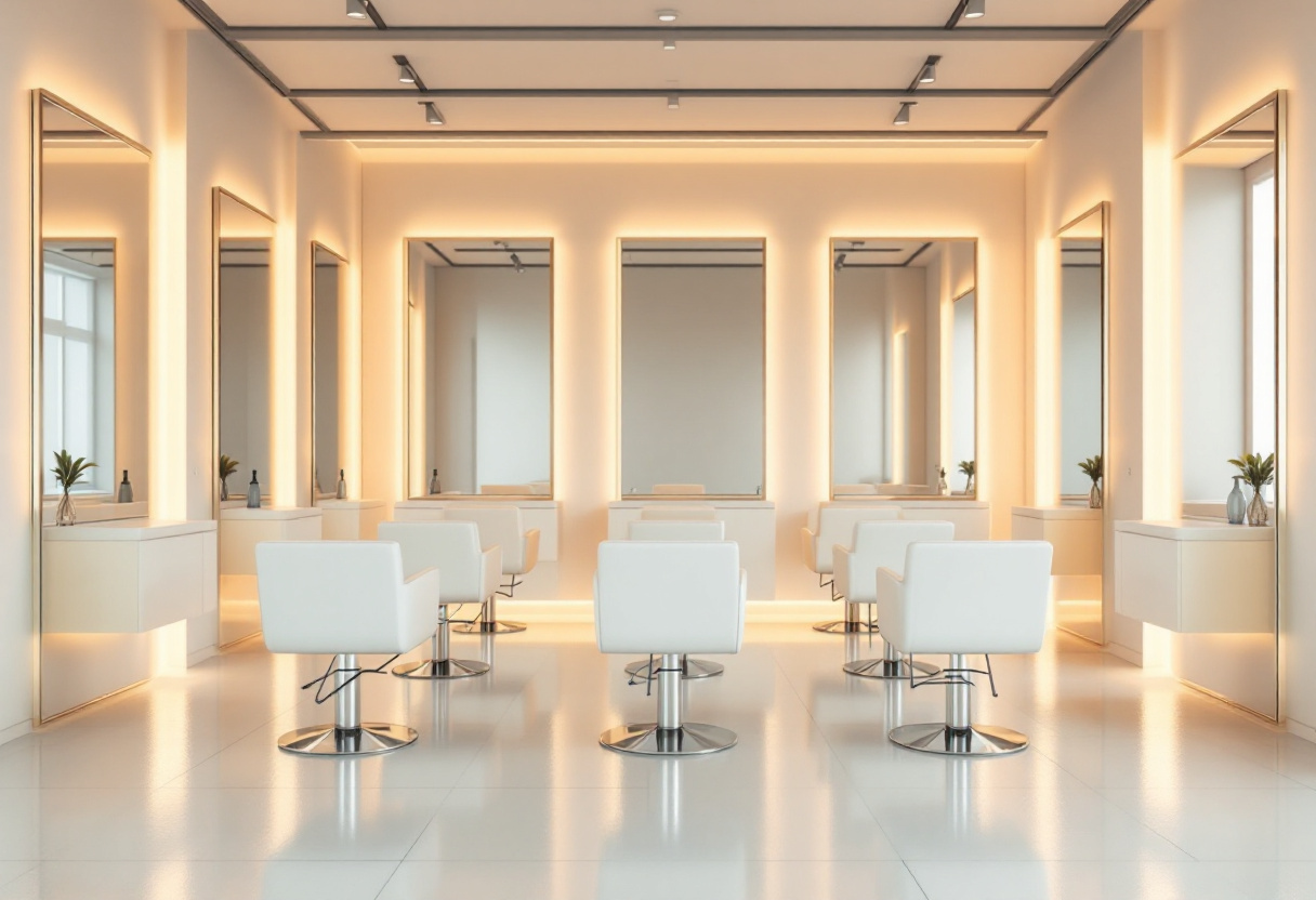 Styling stations along a mirror wall